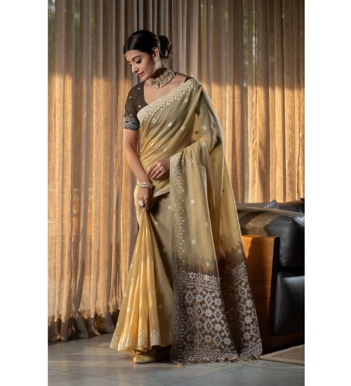 Generic Women's Mulmul Cotton Printed Saree With Unstitched Blouse (Beige, 5-6 Mtrs)