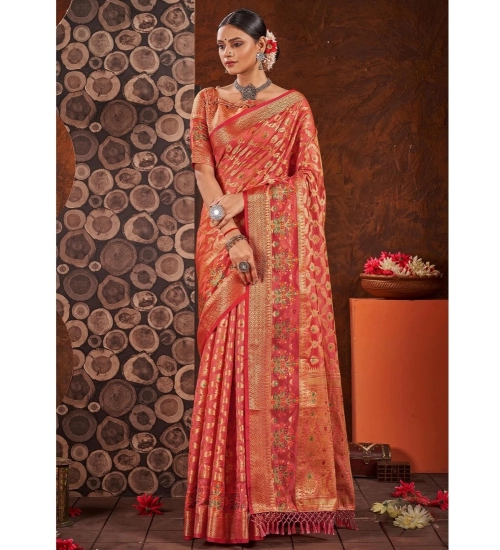 Generic Women's Organza Printed Saree With Unstitched Blouse (Red, 5-6 Mtrs)