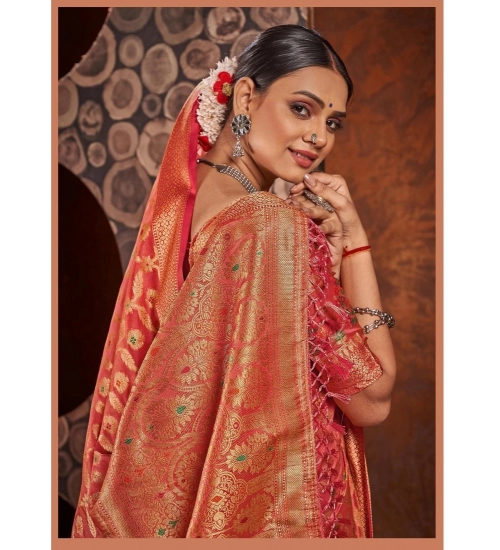 Generic Women's Organza Printed Saree With Unstitched Blouse (Red, 5-6 Mtrs)