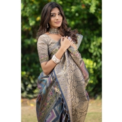 Generic Women's Organza Printed Saree With Unstitched Blouse (Teal, 5-6 Mtrs)