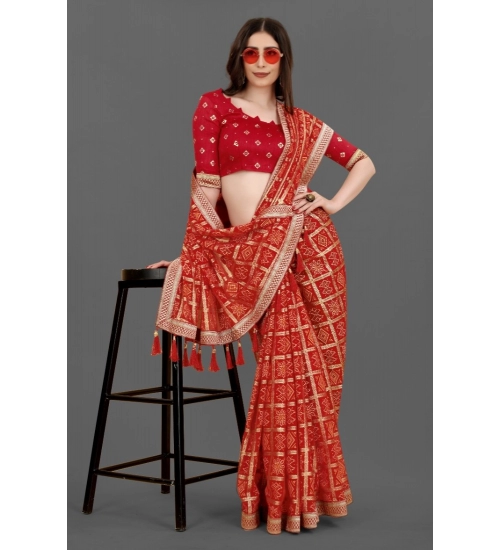 Generic Women's Soft Silk Printed Saree With Unstitched Blouse (Red, 5-6 Mtrs)