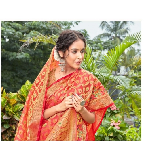 Generic Women's Organza Printed Saree With Unstitched Blouse (Red, 5-6 Mtrs)