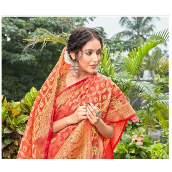 Generic Women's Organza Printed Saree With Unstitched Blouse (Red, 5-6 Mtrs) Generic Women's Organza Printed Saree With Unstitched Blouse (Red, 5-6 Mtrs)