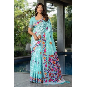 Generic Women's Cotton Printed Saree With Unstitched Blouse (Sky Blue, 5-6 Mtrs)