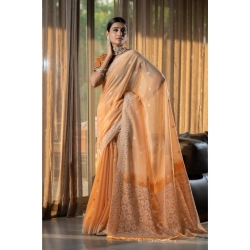 Generic Women's Mulmul Cotton Printed Saree With Unstitched Blouse (Orange, 5-6 Mtrs)