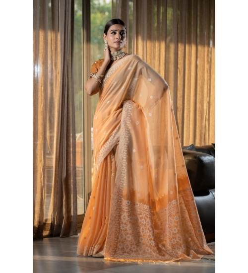 Generic Women's Mulmul Cotton Printed Saree With Unstitched Blouse (Orange, 5-6 Mtrs)