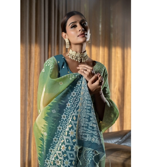 Generic Women's Mulmul Cotton Printed Saree With Unstitched Blouse (Green, 5-6 Mtrs)