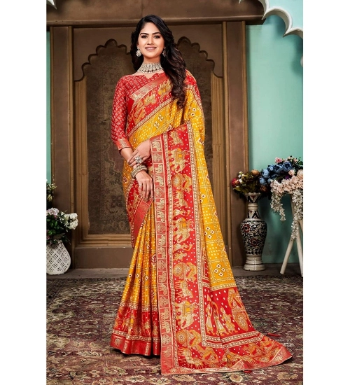 Generic Women's Soft Silk Printed Saree With Unstitched Blouse (Yellow, 5-6 Mtrs)
