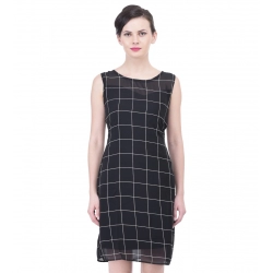Generic Women's Cotton Blend Checked Sleeveless Sheath Dress (Black)