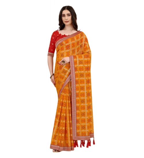Generic Women's Soft Silk Printed Saree With Unstitched Blouse (Mustard, 5-6 Mtrs)