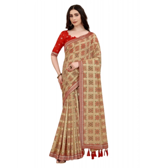 Generic Women's Soft Silk Printed Saree With Unstitched Blouse (Beige, 5-6 Mtrs)