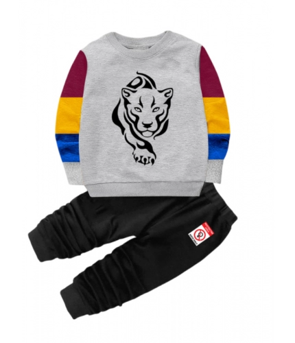 Generic Boy's Casual Full Sleeve Printed Cotton T Shirt With Pant (Grey)