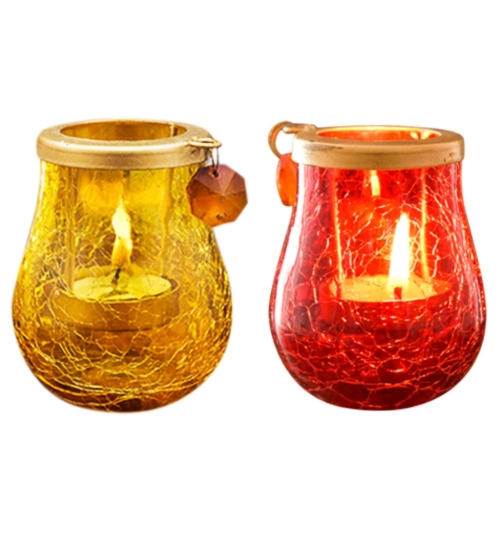 Generic Glass Matka Tea Light Holder (Yellow &amp; Red)