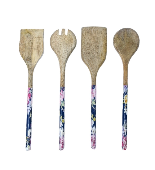 Generic Wooden Floral Printed Spatula Salad Servers For Kitchen Dinning (Brown)