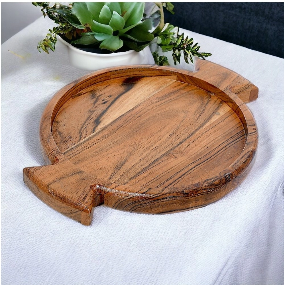 Generic Handmade Wooden Serving Platter With Double Handle (Brown)