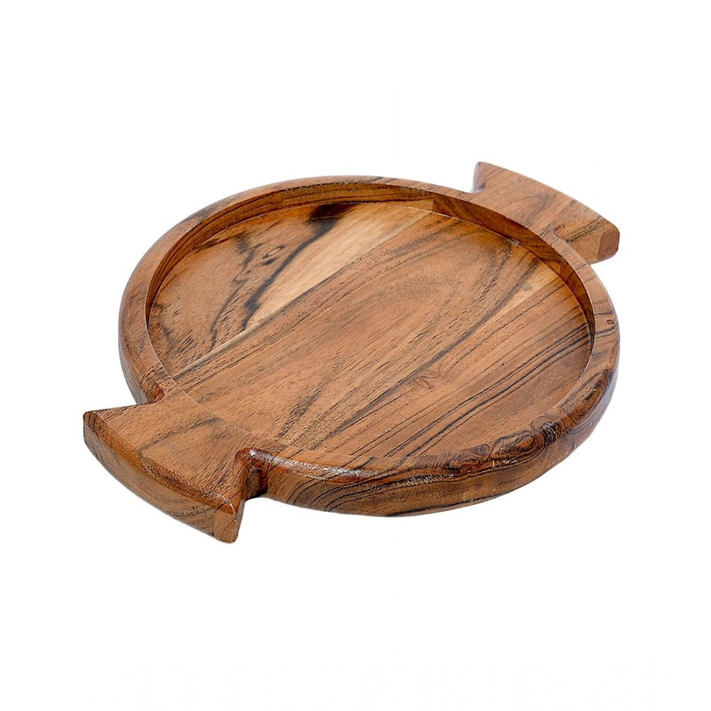 Generic Handmade Wooden Serving Platter With Double Handle (Brown)