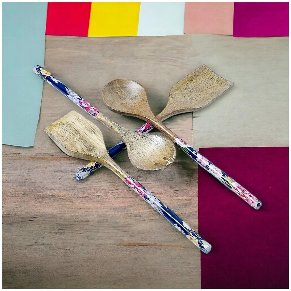 Generic Wooden Floral Printed Spatula Salad Servers For Kitchen Dinning (Brown) Generic Wooden Floral Printed Spatula Salad Servers For Kitchen Dinning (Brown)