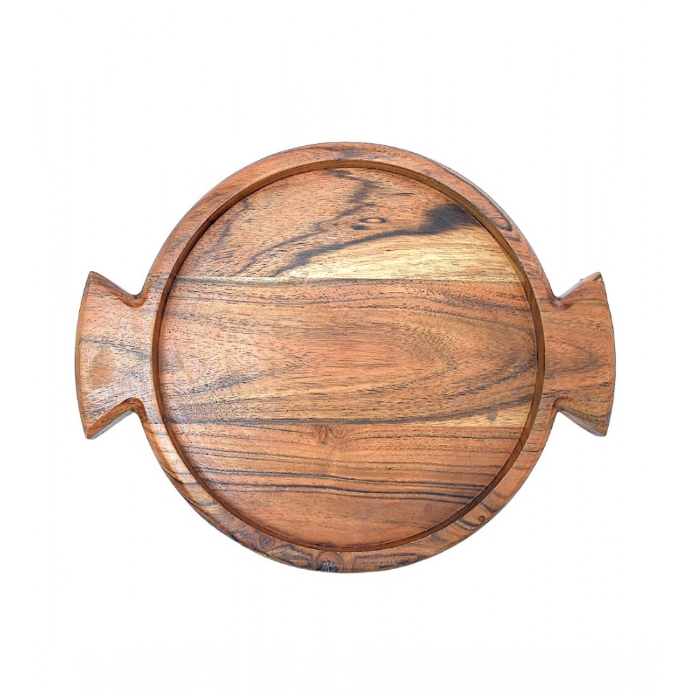 Generic Handmade Wooden Serving Platter With Double Handle (Brown)