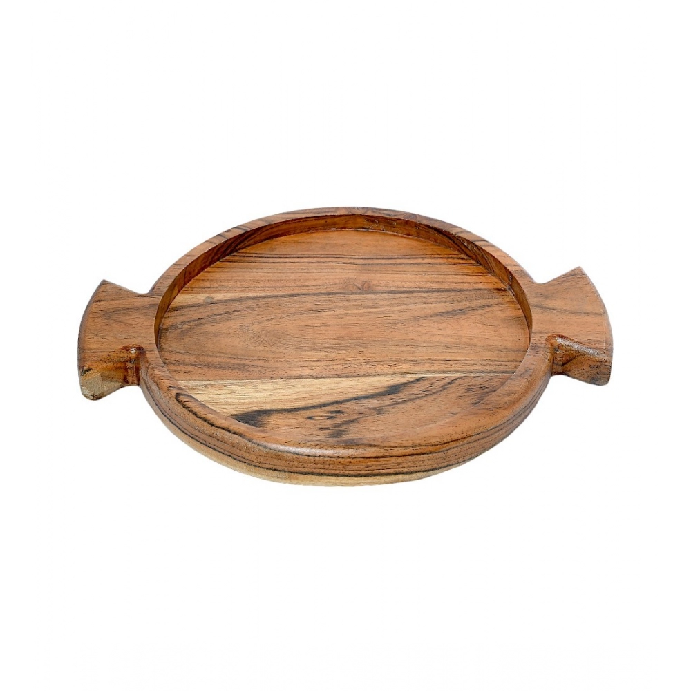 Generic Handmade Wooden Serving Platter With Double Handle (Brown)