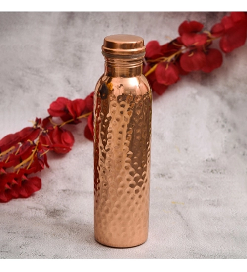 Generic Copper 1 Litre Water Bottle With Lacquer Hammered Design (Rose Gold)