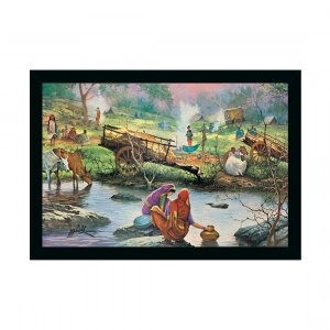 Generic Rajasthani Village Modern Art Painting with Synthetic Photo Frame (Multicolor)