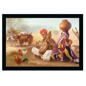 Generic Rajasthani Village Modern Art Painting with Synthetic Photo Frame (Multicolor)