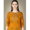 Generic Women's Casual 3-4 th Sleeve Embroidery Cotton Kurti Pant Dupatta Set (Yellow)