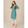 Generic Women's Casual 3-4 th Sleeve Embroidery Cotton Kurti Pant Set (Green)