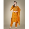 Generic Women's Casual 3-4 th Sleeve Embroidery Cotton Kurti Pant Dupatta Set (Yellow)