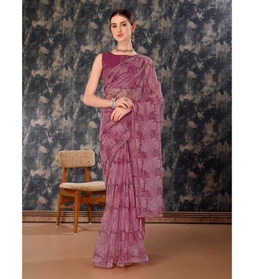 Generic Women's Linen Floral Printed Saree With Unstitched Blouse (Purple, 5-6 Mtrs)