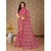 Generic Women's Linen Floral Printed Saree With Unstitched Blouse (Pink, 5-6 Mtrs)