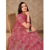 Generic Women's Linen Floral Printed Saree With Unstitched Blouse (Pink, 5-6 Mtrs)