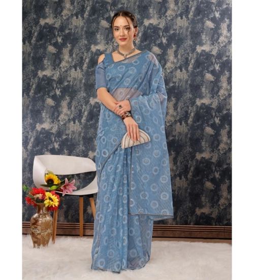 Generic Women's Linen Gola Printed Saree With Unstitched Blouse (Blue, 5-6 Mtrs)