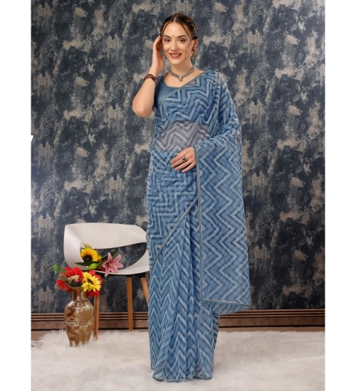 Generic Women's Linen Zig Zag Saree With Unstitched Blouse (Blue, 5-6 Mtrs)