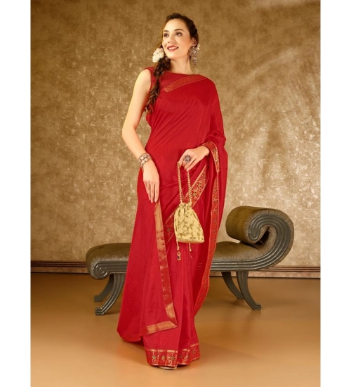 Generic Women's Vichitra Swiroshki Butta Saree With Unstitched Blouse (Red, 5-6 Mtrs)