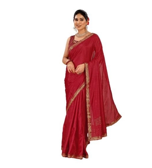 Generic Women's Vichitra Swiroshki Butta Saree With Unstitched Blouse (Maroon, 5-6 Mtrs)