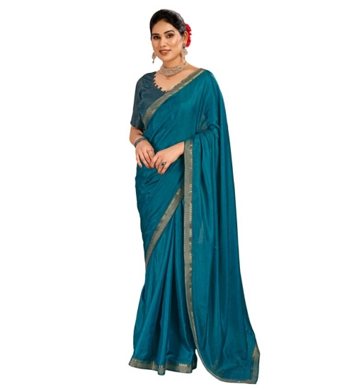 Generic Women's Vichitra Swiroshki Butta Saree With Unstitched Blouse (Blue, 5-6 Mtrs)