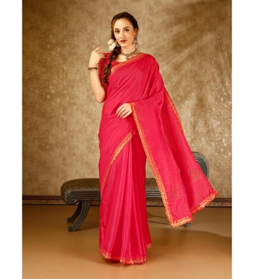 Generic Women's Vichitra Swiroshki Butta Saree With Unstitched Blouse (Pink, 5-6 Mtrs)