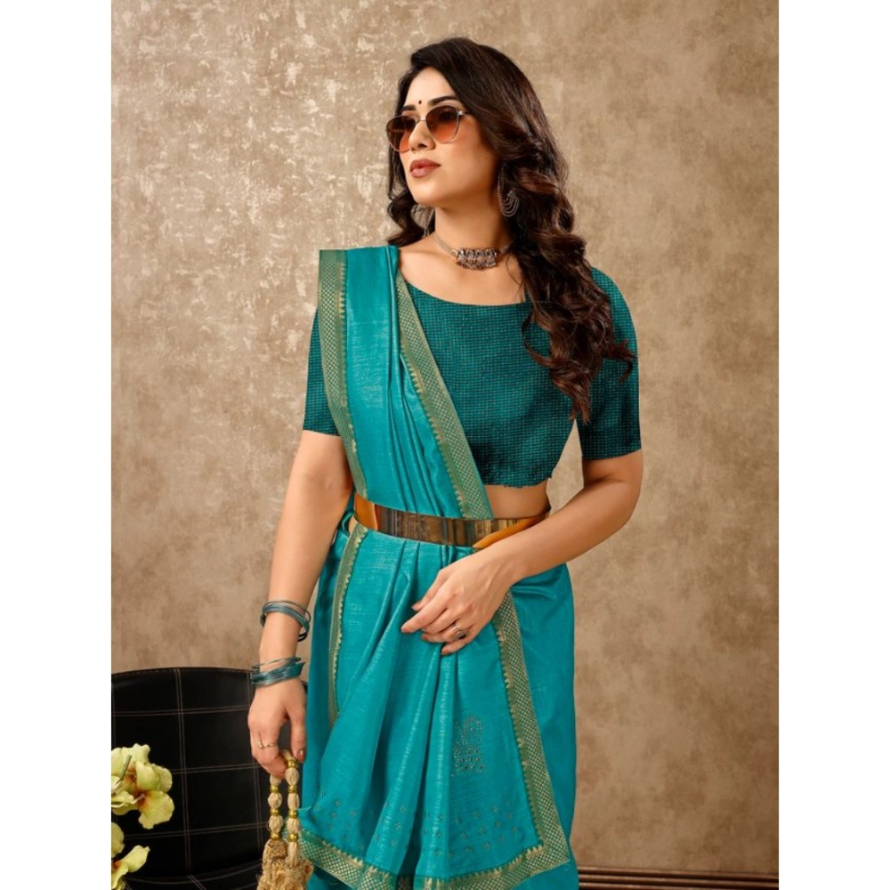 Generic Women's Vichitra Swiroshki Butta Saree With Unstitched Blouse (Teal Blue, 5-6 Mtrs) Generic Women's Vichitra Swiroshki Butta Saree With Unstitched Blouse (Teal Blue, 5-6 Mtrs)