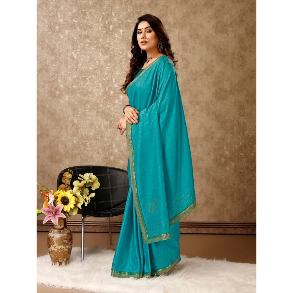 Generic Women's Vichitra Swiroshki Butta Saree With Unstitched Blouse (Teal Blue, 5-6 Mtrs) Generic Women's Vichitra Swiroshki Butta Saree With Unstitched Blouse (Teal Blue, 5-6 Mtrs)