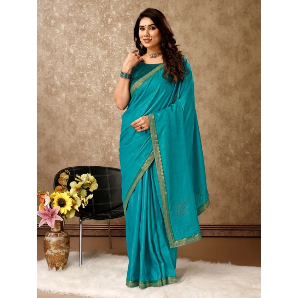 Generic Women's Vichitra Swiroshki Butta Saree With Unstitched Blouse (Teal Blue, 5-6 Mtrs) Generic Women's Vichitra Swiroshki Butta Saree With Unstitched Blouse (Teal Blue, 5-6 Mtrs)