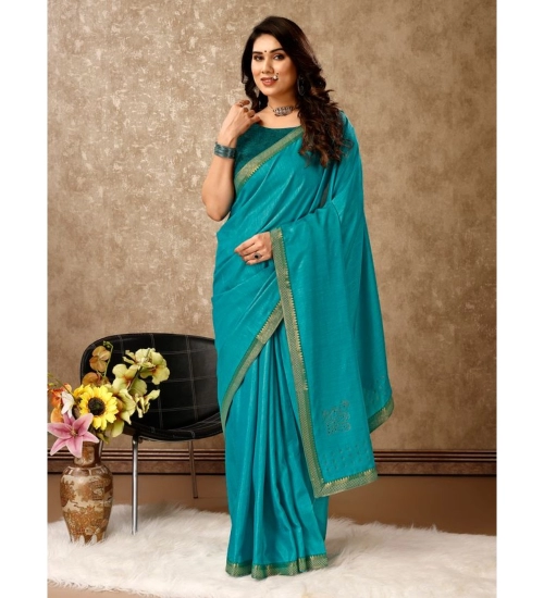 Generic Women's Vichitra Swiroshki Butta Saree With Unstitched Blouse (Teal Blue, 5-6 Mtrs)