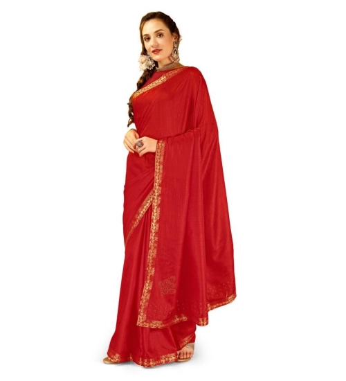 Generic Women's Vichitra Printed Saree With Unstitched Blouse (Red, 5-6 Mtrs)
