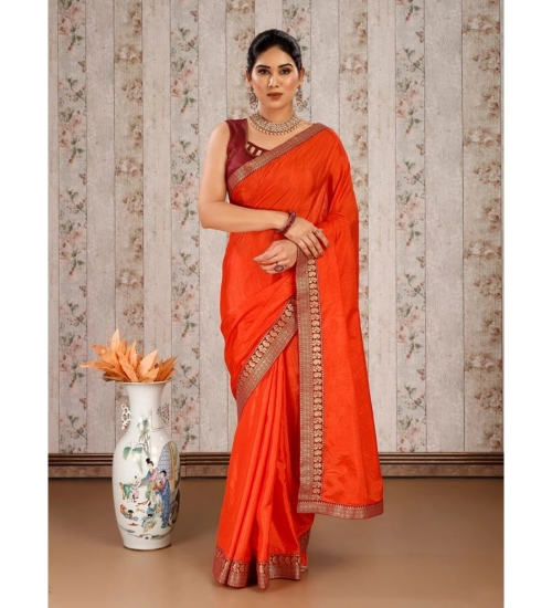 Generic Women's Vichitra Plain Saree With Unstitched Blouse (Orange, 5-6 Mtrs)