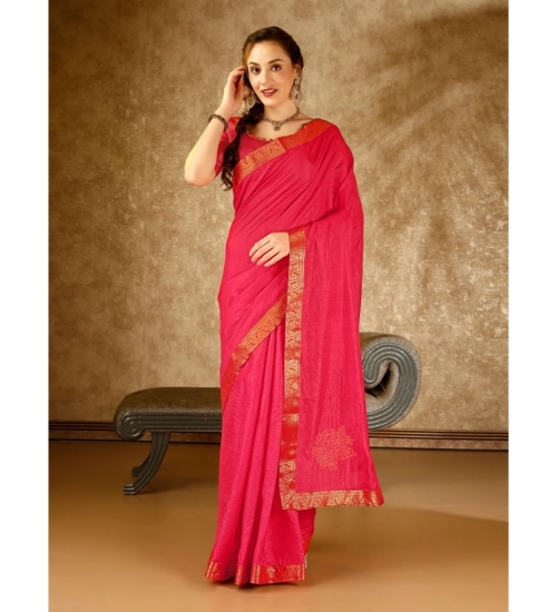 Generic Women's Vichitra Swiroshki Butta Saree With Unstitched Blouse (Pink, 5-6 Mtrs)