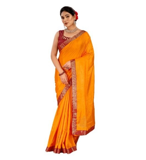 Generic Women's Vichitra Swiroshki Butta Saree With Unstitched Blouse (Yellow, 5-6 Mtrs)