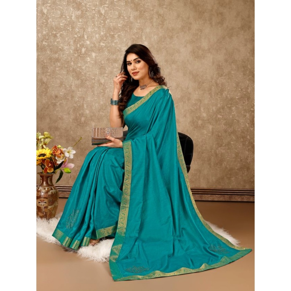 Generic Women's Vichitra Swiroshki Butta Saree With Unstitched Blouse (Teal Blue, 5-6 Mtrs) Generic Women's Vichitra Swiroshki Butta Saree With Unstitched Blouse (Teal Blue, 5-6 Mtrs)