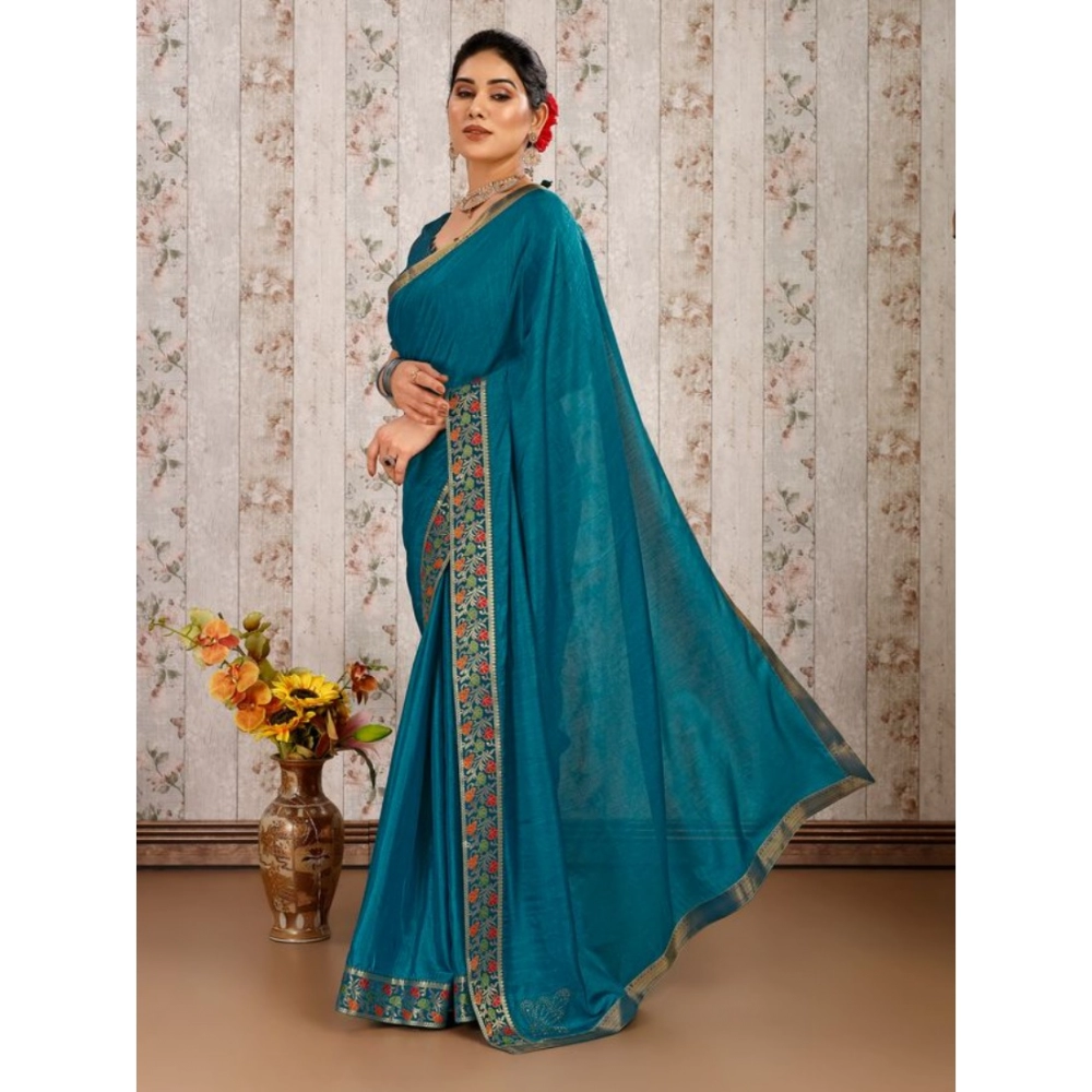 Generic Women's Vichitra Swiroshki Butta Saree With Unstitched Blouse (Teal Blue, 5-6 Mtrs) Generic Women's Vichitra Swiroshki Butta Saree With Unstitched Blouse (Teal Blue, 5-6 Mtrs)