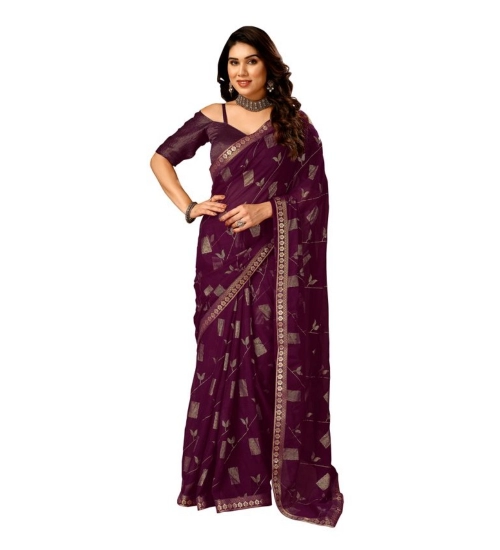 Generic Women's Zomto Patta Chiffon Saree With Unstitched Blouse (Wine, 5-6 Mtrs)