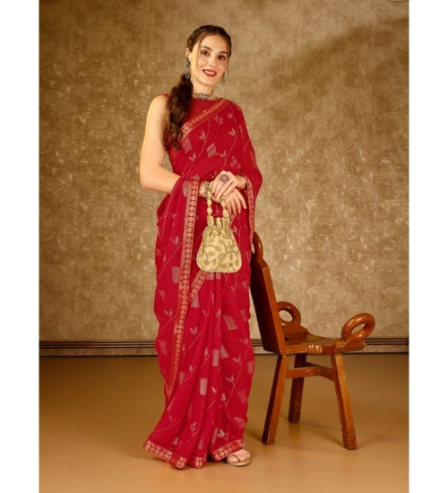 Generic Women's Zomto Patta Chiffon Saree With Unstitched Blouse (Red, 5-6 Mtrs)